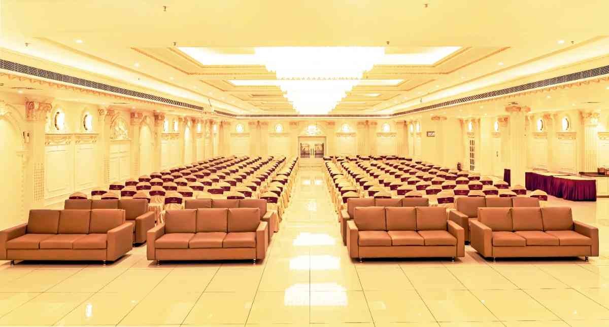An empty banquet hall set for a function