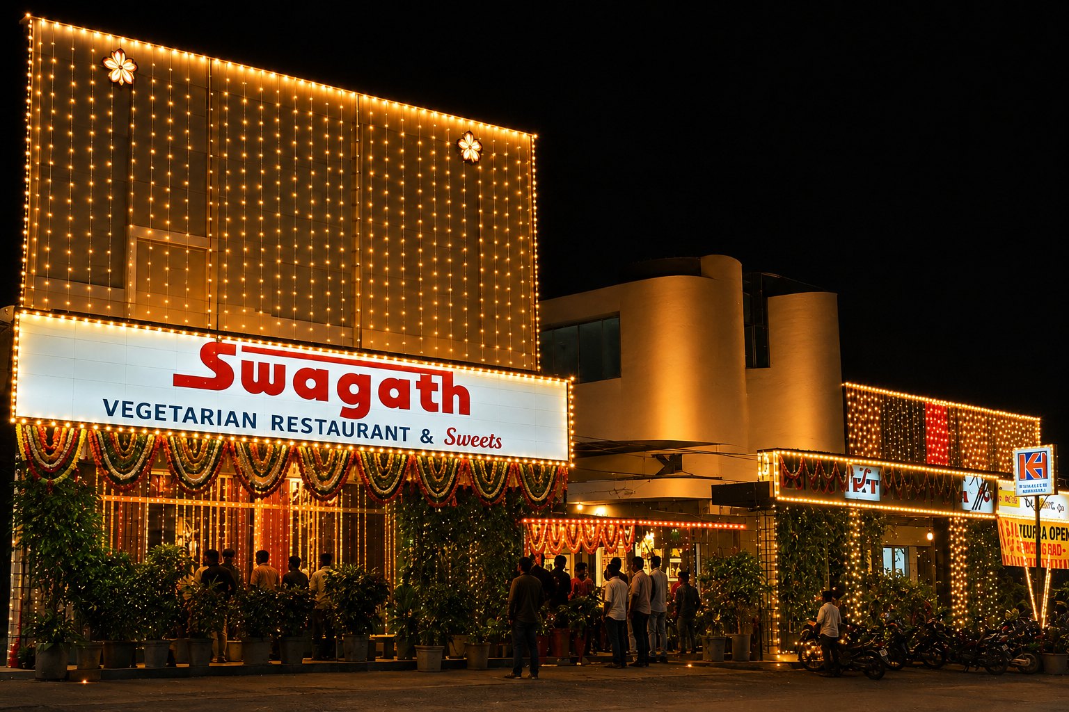 The original Swagath restaurant lit up at night